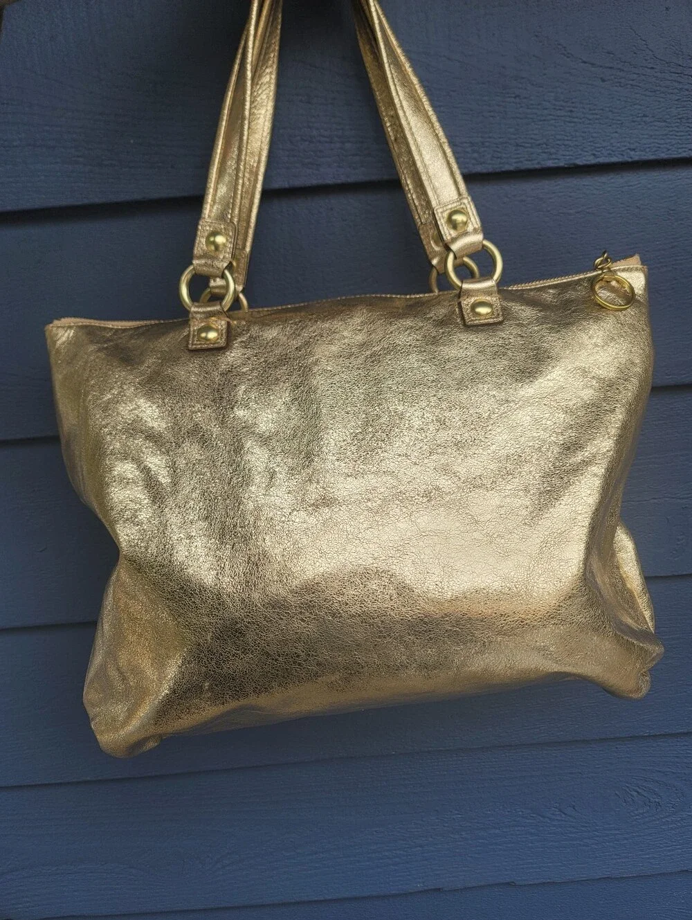 Coach Poppy Metallic Gold Leather Tote With Cursive Coach Charm